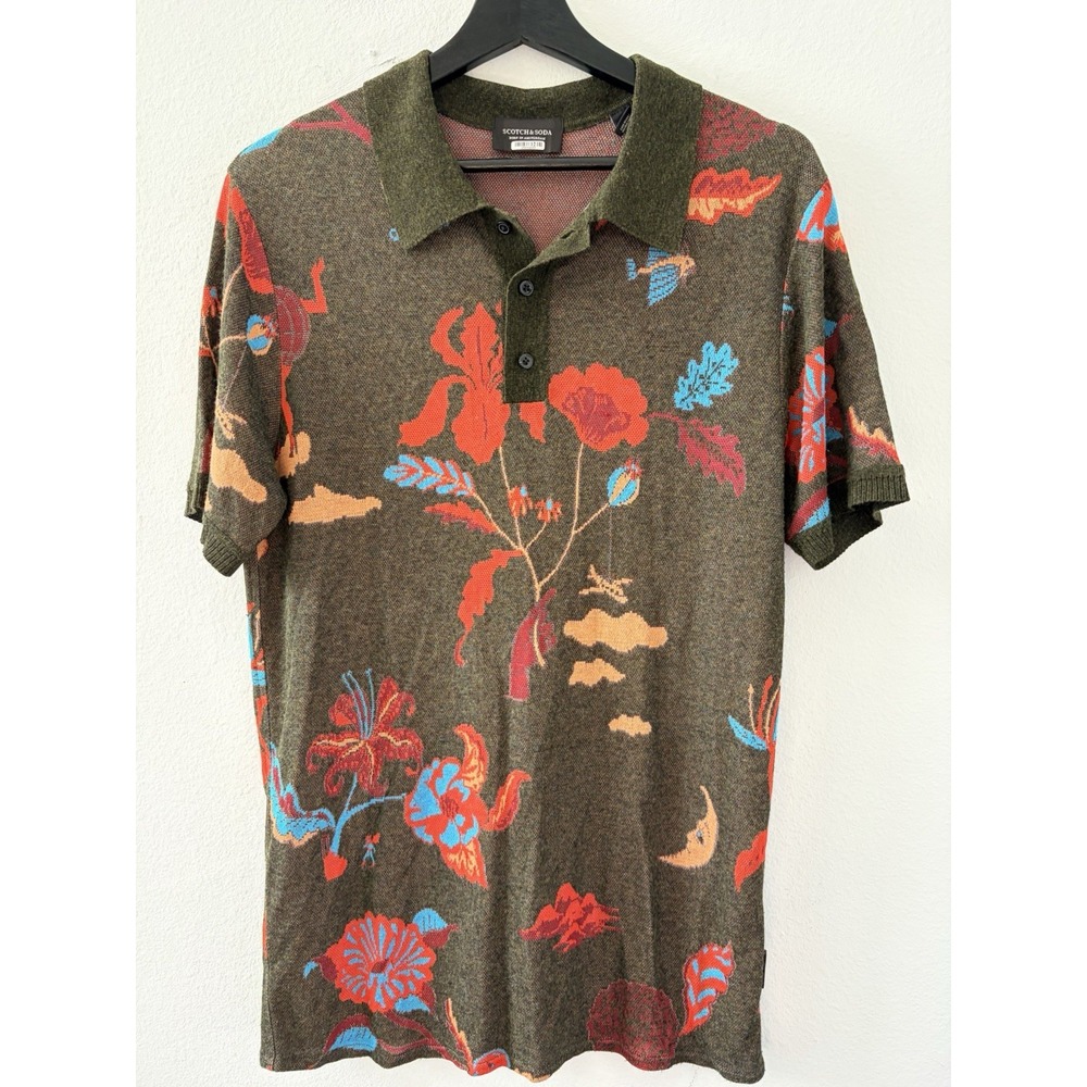 Scotch & Soda Knit Polo Shirt Men Medium Olive Green Floral Short Sleeve